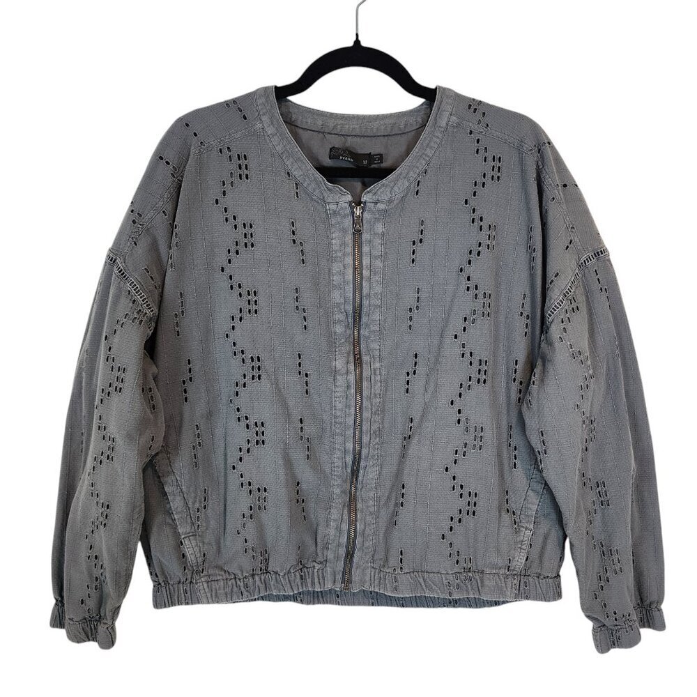 Prana Women's Barlow Bomber Jacket Embroidered Eyelet Crop Fit Organic Cotton Md